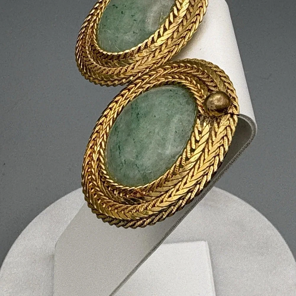 Vintage Jadeite Clip On Earrings Cabochon Braided Gold Tone Borders Statement